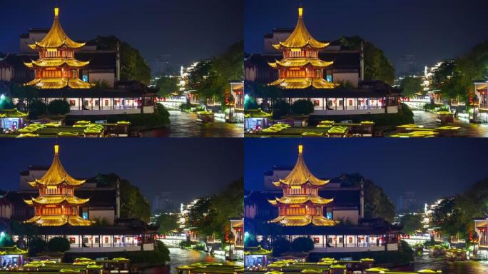夜间照明著名的南京市老城区河边交通宝塔全景延时4k中国