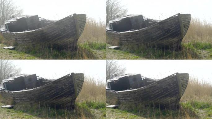 河边的大废弃木船