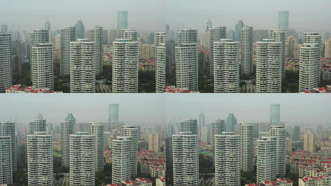 青岛市区现代公寓住宅综合体空中全景4k中国