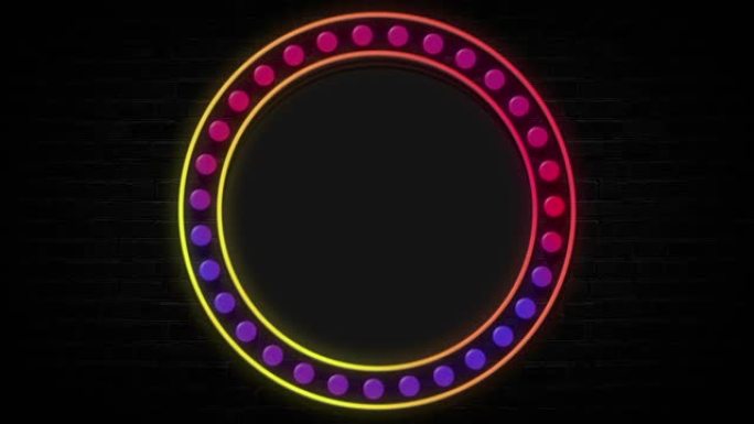 霓虹灯圆圈框架，黑砖背景上的复制空间，循环动画