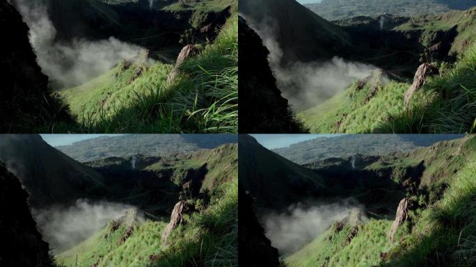 由火山形成的绿色山谷，带有硫化氢的烟土