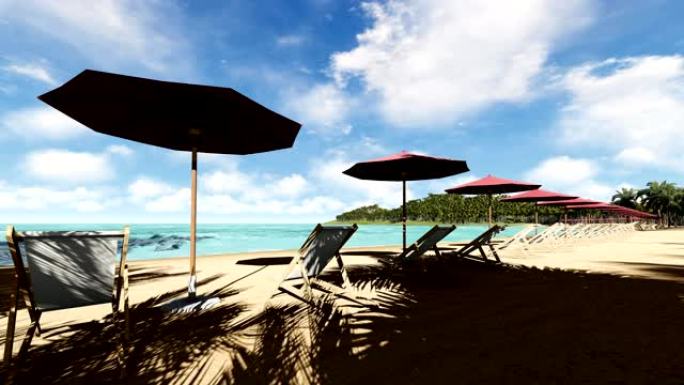 晴天海滩上的椅子和雨伞