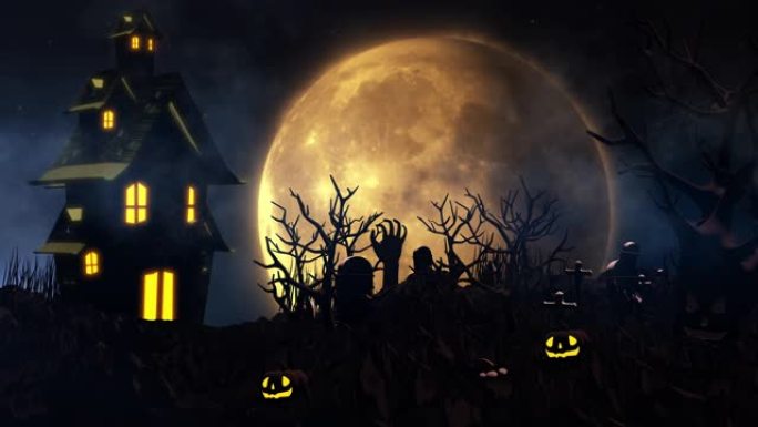 万圣节背景与鬼屋，幽灵，蝙蝠和南瓜，坟墓，在朦胧的夜晚幽灵般的天空中梦幻般的大月亮。4k渲染的3D动