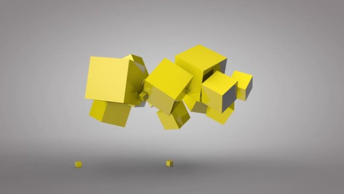 动态脉动的黄色立方体或块的抽象3D动画。在白色工作室里