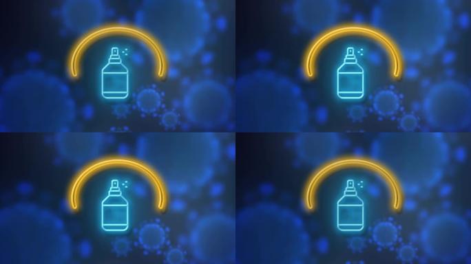 冠状病毒新型冠状病毒肺炎与洗手液符号霓虹灯蓝色背景4k分辨率