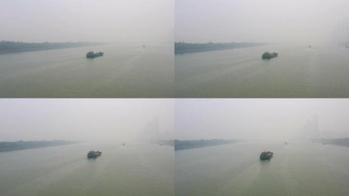 长沙市雨天河流货船交通航空全景4k中国