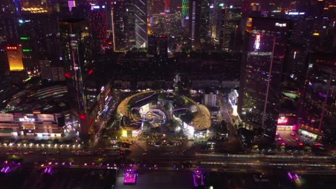 夜景照明广州市市中心著名购物中心交通街空中俯拍全景4k中国