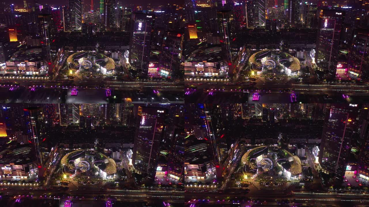 夜景照明广州市市中心著名购物中心交通街空中俯拍全景4k中国
