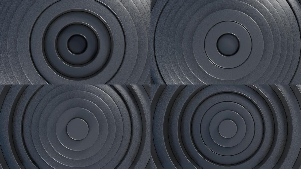 具有位移效应的圆的抽象模式。白色黑色金属环动画。业务演示的摘要背景。无缝循环4k 3d渲染