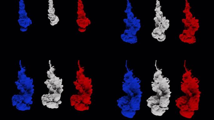 慢动作蓝色、白色和红色液体油墨涂料流动。4K