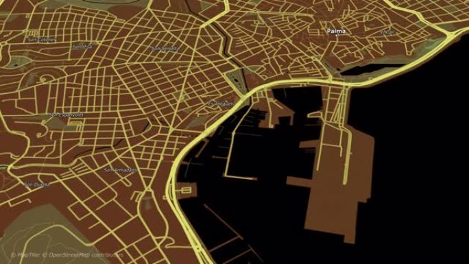 城市鸟瞰图。摄像机高高飞过，在城市里移动。2d动画渲染。