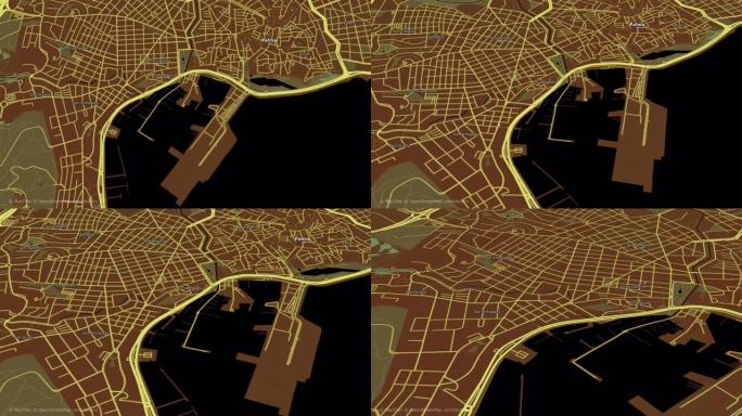 城市鸟瞰图。摄像机高高飞过，在城市里移动。2d动画渲染。