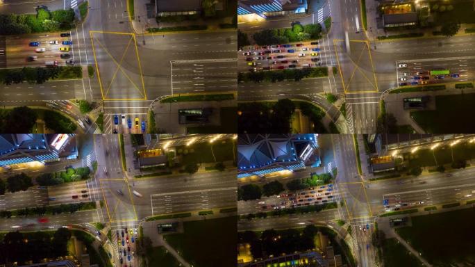 夜间照明新加坡市区交通街十字路口空中俯拍延时全景4k