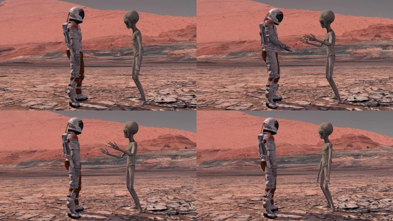 宇航员在火星上遇到一名火星人。第一次接触。火星上的外星人。探索火星任务。殖民和太空探索概念。3d渲染