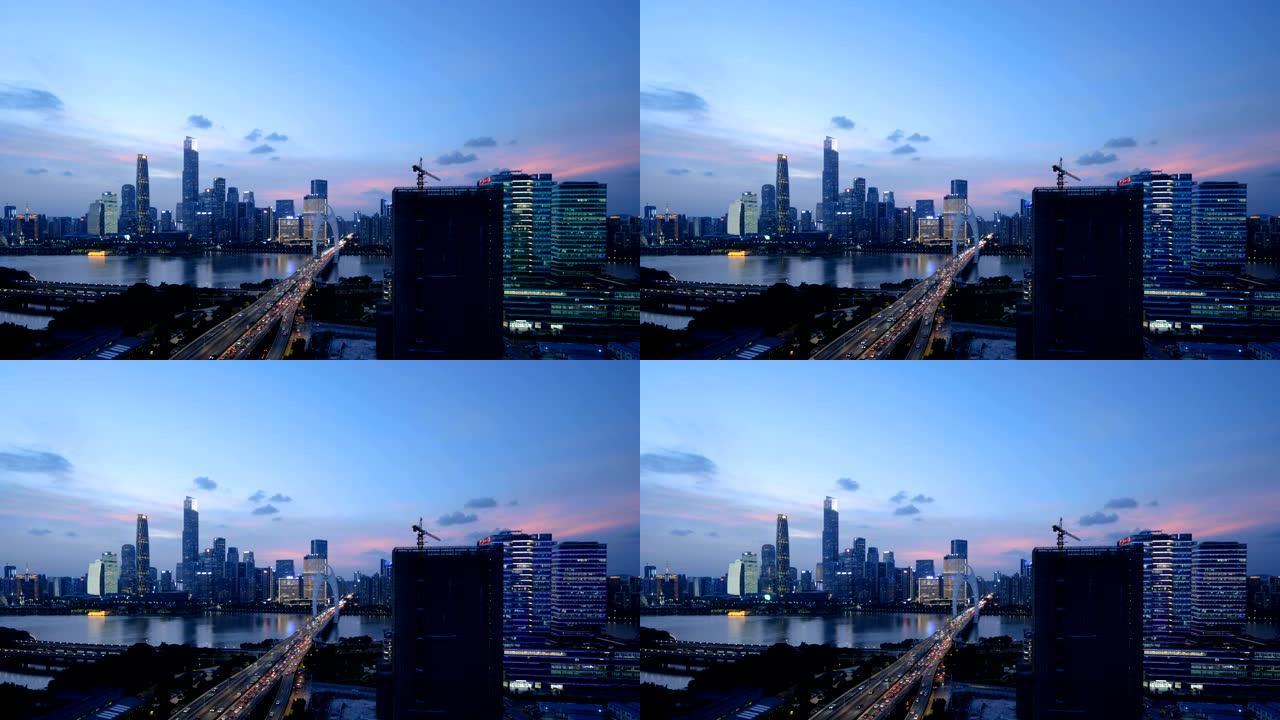 黄昏的广州天际线夜景车流金融中心cbd灯