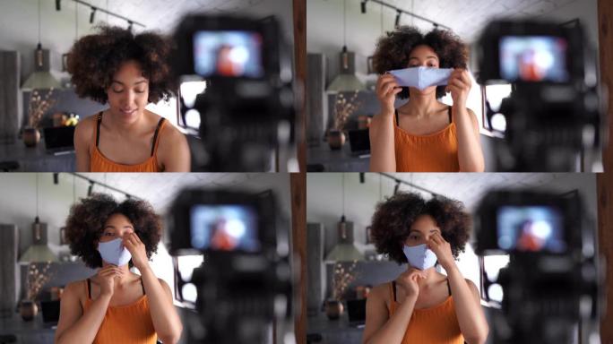 4K视频美国黑人视频博主回顾防护口罩，在COVID-19期间