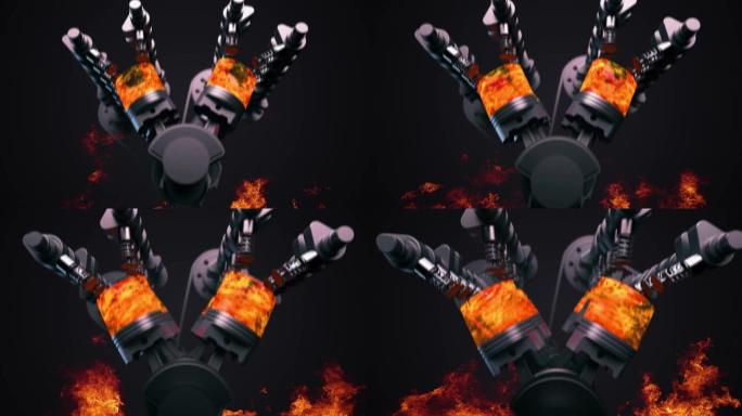 带有爆炸和火焰的工作V8引擎的3D动画。