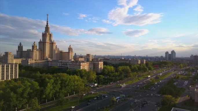 俄罗斯莫斯科日落之光国立大学罗蒙诺索夫展望航空全景4k