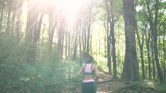 早晨的阳光照耀着健康的女性慢跑者，在森林中奔跑