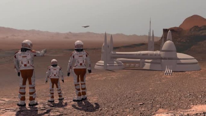 移民到火星的家庭殖民者，一个男人，一个女人和一个孩子欣赏火星景观，城市和宇宙飞船。探索火星任务。NA