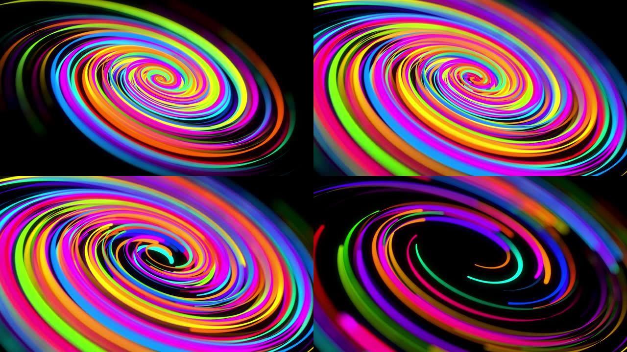 4k时尚创意抽象背景。螺旋形旋转的彩色线条沿着旋流路径飞行。粒子整形线、螺旋和抽象结构的运动设计bg