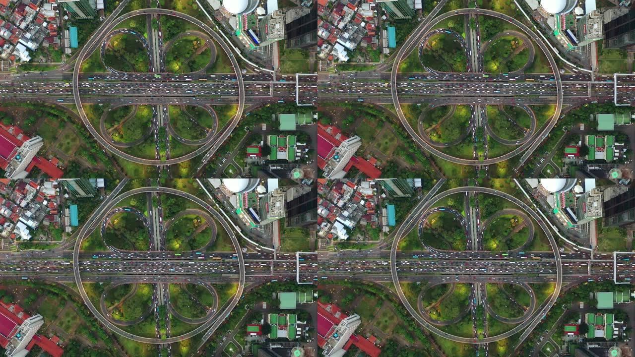 雅加达市区繁忙的交通街路口空中俯拍全景4k印度尼西亚