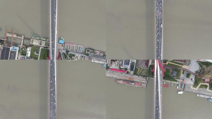 无人机飞行沿着中国上海地标性杨浦大桥的桥梁移动
