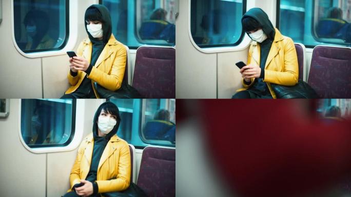 一名戴着医用口罩的妇女正在乘客座位上使用手机。