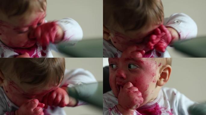 疲惫疲惫的婴儿用手揉眼睛。覆盖甜菜酱的婴儿
