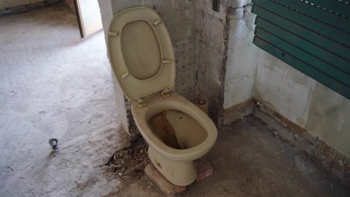 卫生和卫生理念，废弃古房子建筑中的旧脏生锈厕所，细菌和微生物堵塞厕所，老式损坏厕所内没有冲洗水。旧被