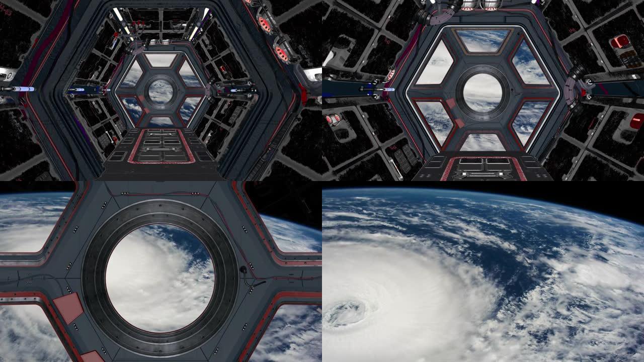 宇宙飞船奇妙的科幻走廊。从窗户上你可以看到地球和飓风。NASA提供的这段视频的元素。