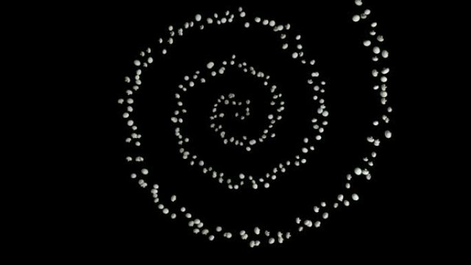 螺旋形状的白色蘑菇飞行，上部视图，无缝循环，对抗黑色
