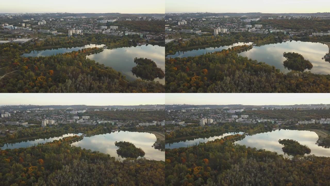 回声公园湖上空的航拍画面。秋天的城市公园。基希涅夫摩尔多瓦共和国首都。