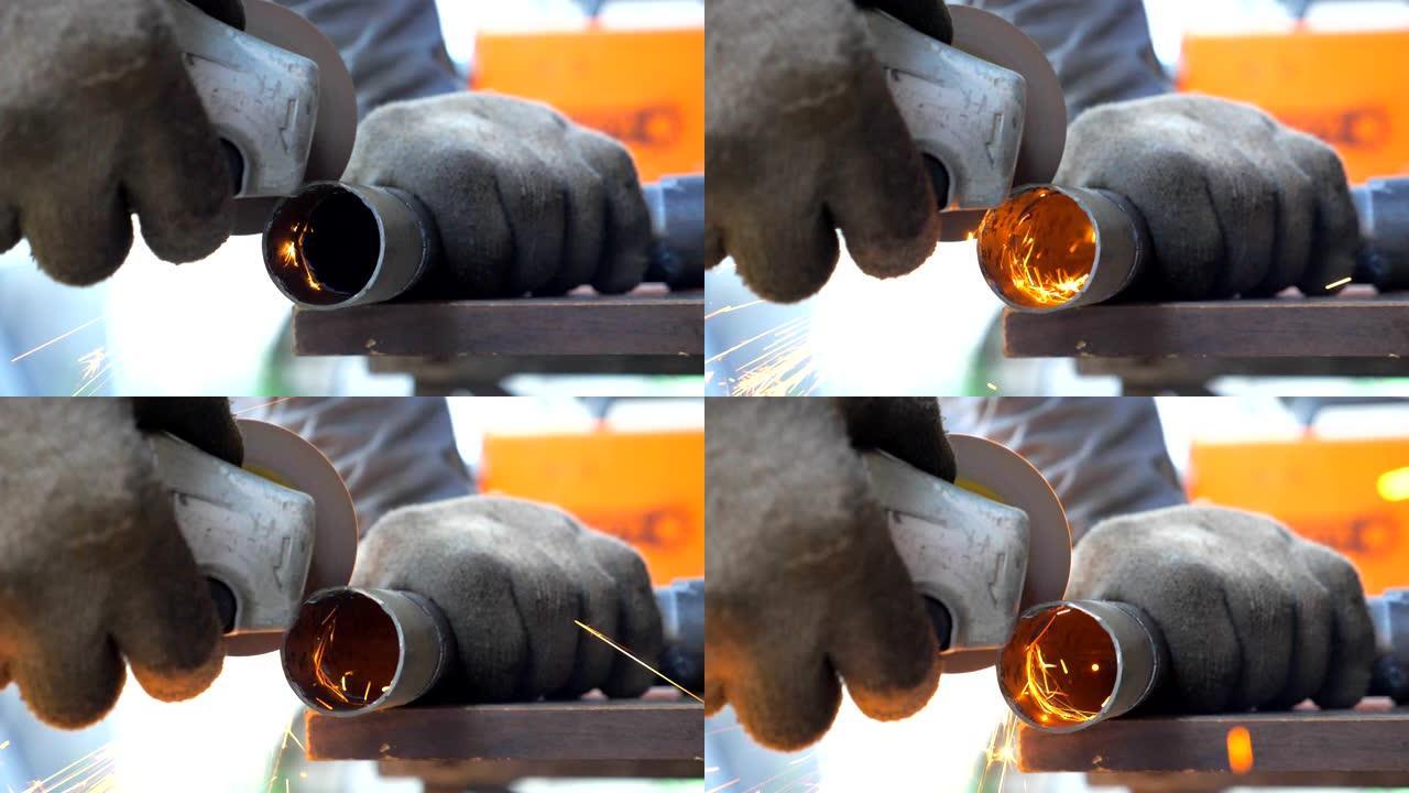圆锯和火花飞来飞去的金属加工细节视图。修理工或机械师研磨金属。工人在车库或车间切割一些铁细节。慢动作