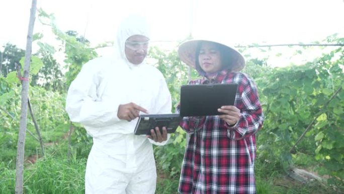 男性科学家正在与女性农民谈论蔬菜中的污染物