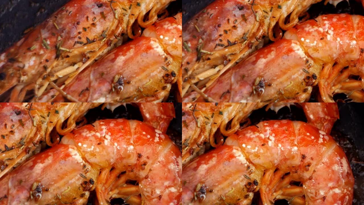 特写大红虾在锅里用热油油炸