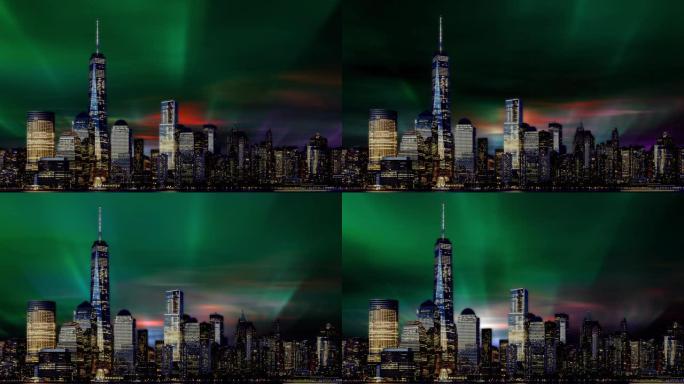 夜间纽约市天际线上北极光的抽象概念