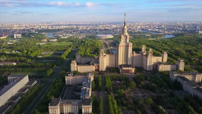 俄罗斯日落之夜莫斯科国立大学麻雀山航空全景4k