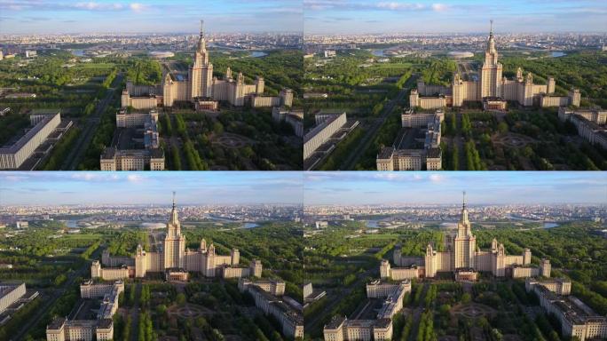 俄罗斯日落之夜莫斯科国立大学麻雀山航空全景4k