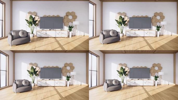 现代空房间的木柜电视和白色地板房间的白色墙壁热带风格。3d渲染