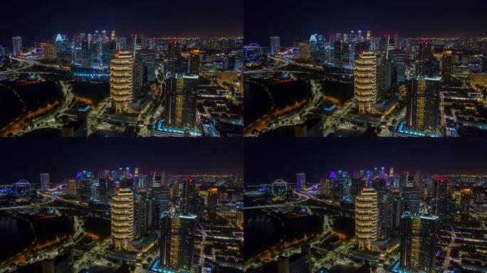 夜间照明sinagpore市中心市区空中延时全景4k