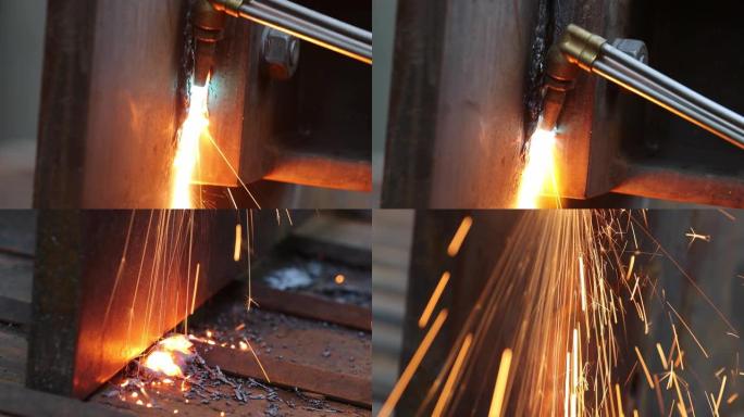 焊接金属铁，火花掉落地面