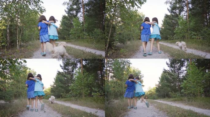 两个可爱的女孩在森林路上散步，说话