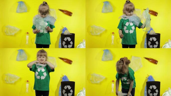 女孩活动家摆脱了脖子和头上的塑料包裹。塑料污染。拯救生态