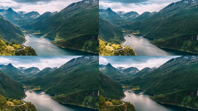 挪威Geirangerfjord。阳光明媚的夏日，旅游船渡船游轮班轮漂浮在Geirangerfjor