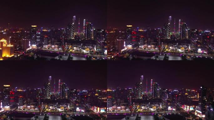 夜间照明广州市市中心著名购物中心交通街空中全景4k中国