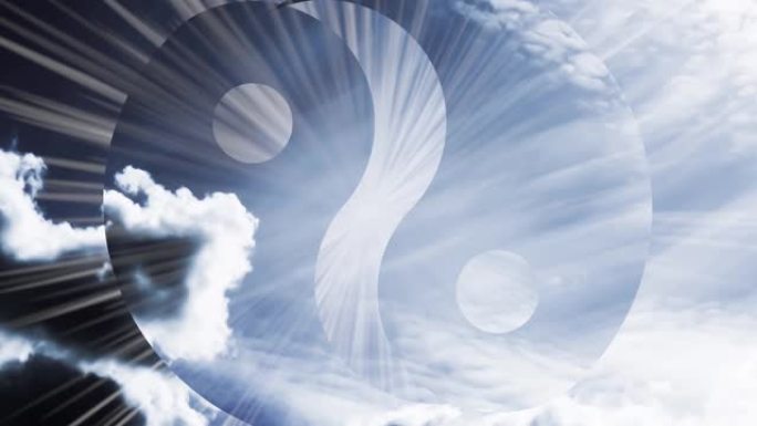 创意4k视差的天空视频，在阴阳符号向两侧扩展的背景下，云彩和阳光在移动。冥想概念，开放的心态。