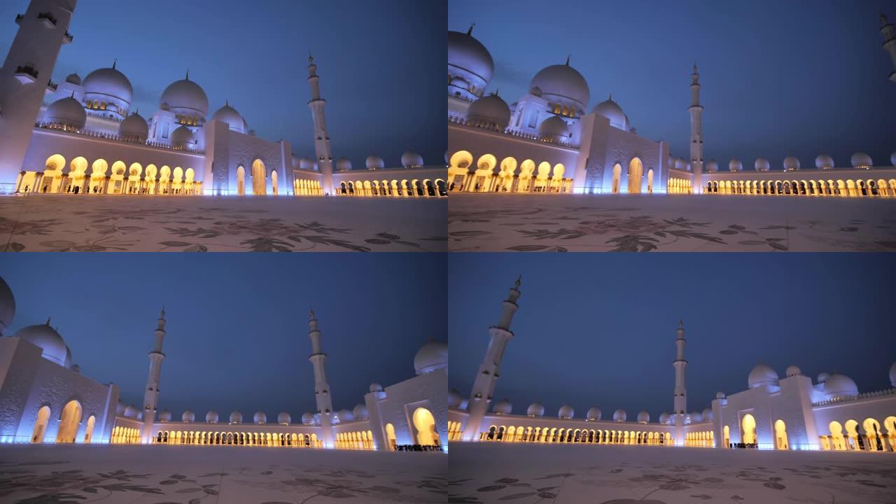 迪拜，阿联酋-2019年12月14日: 阿布扎比大清真寺晚上，阿拉伯联合酋长国