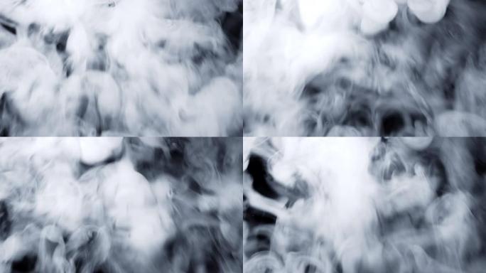干冰云叠加背景。白色的抽象烟雾慢慢漂浮在黑色的表面。大气雾霾效应。真正的神秘蒸汽。万圣节概念镜头。