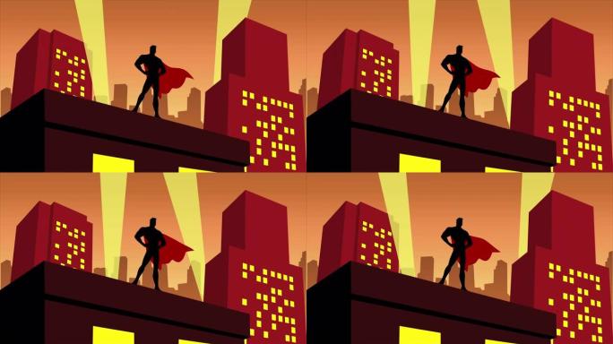 在城市动画视频中，在屋顶上挥舞着斗篷的循环超级英雄剪影